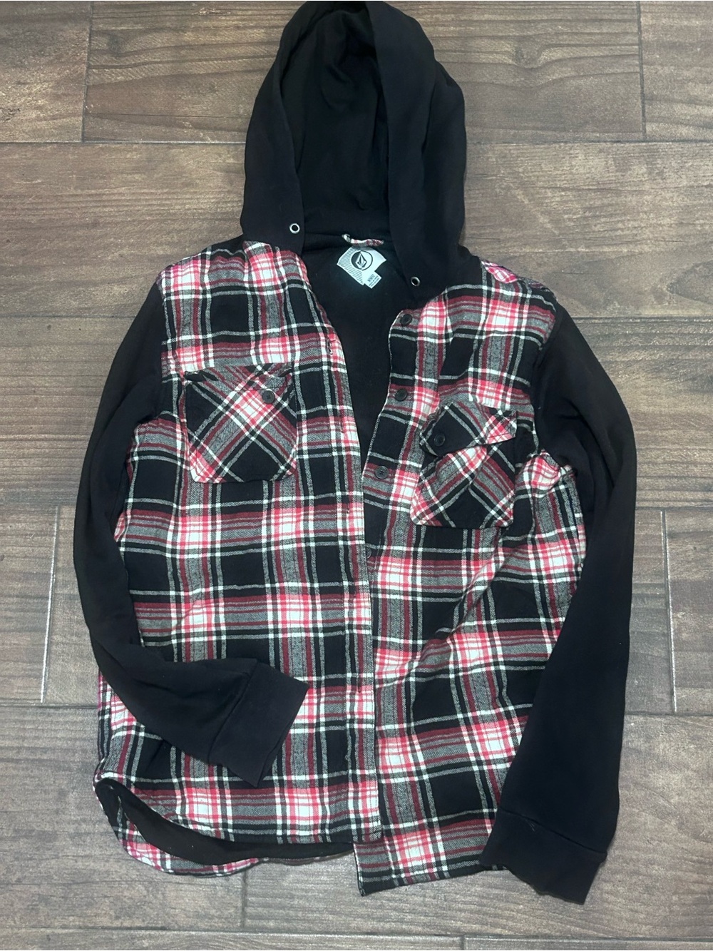 Volcom Black & Pink Plaid Hooded Shirt Jacket